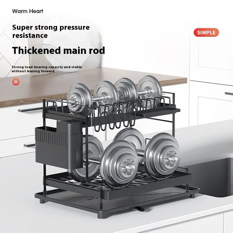 White double-layer metal kitchen draining rack with a removable plastic drip tray underneath