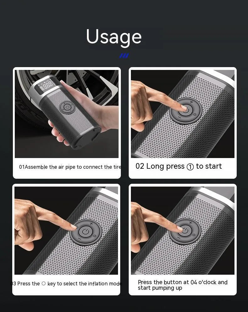 Black portable wireless vehicle air pump with 15cm tube, multiple nozzles, and USB charging cable