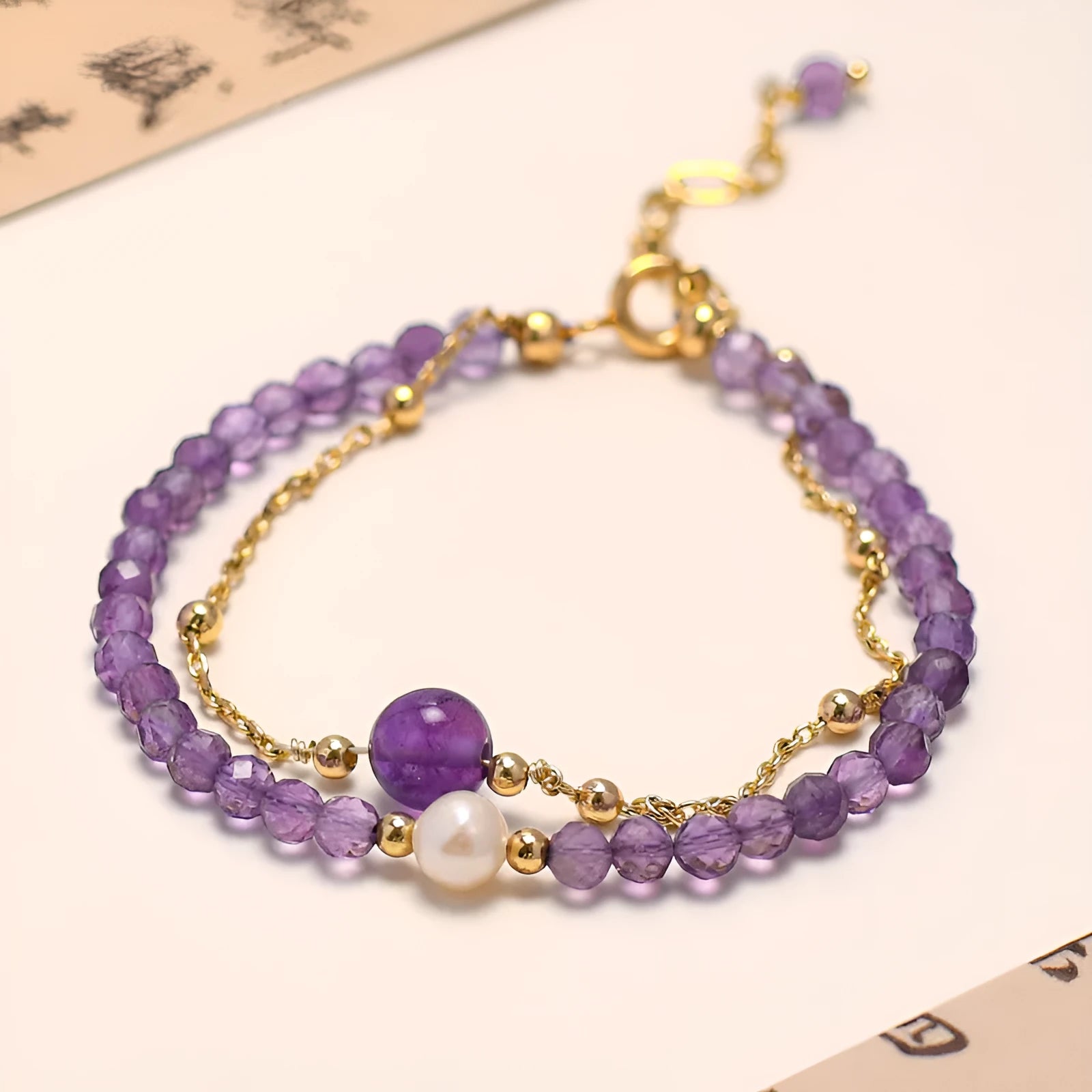 Chinese style women's amethyst crystal bracelet with diamond shaped beads and electroplated metal
