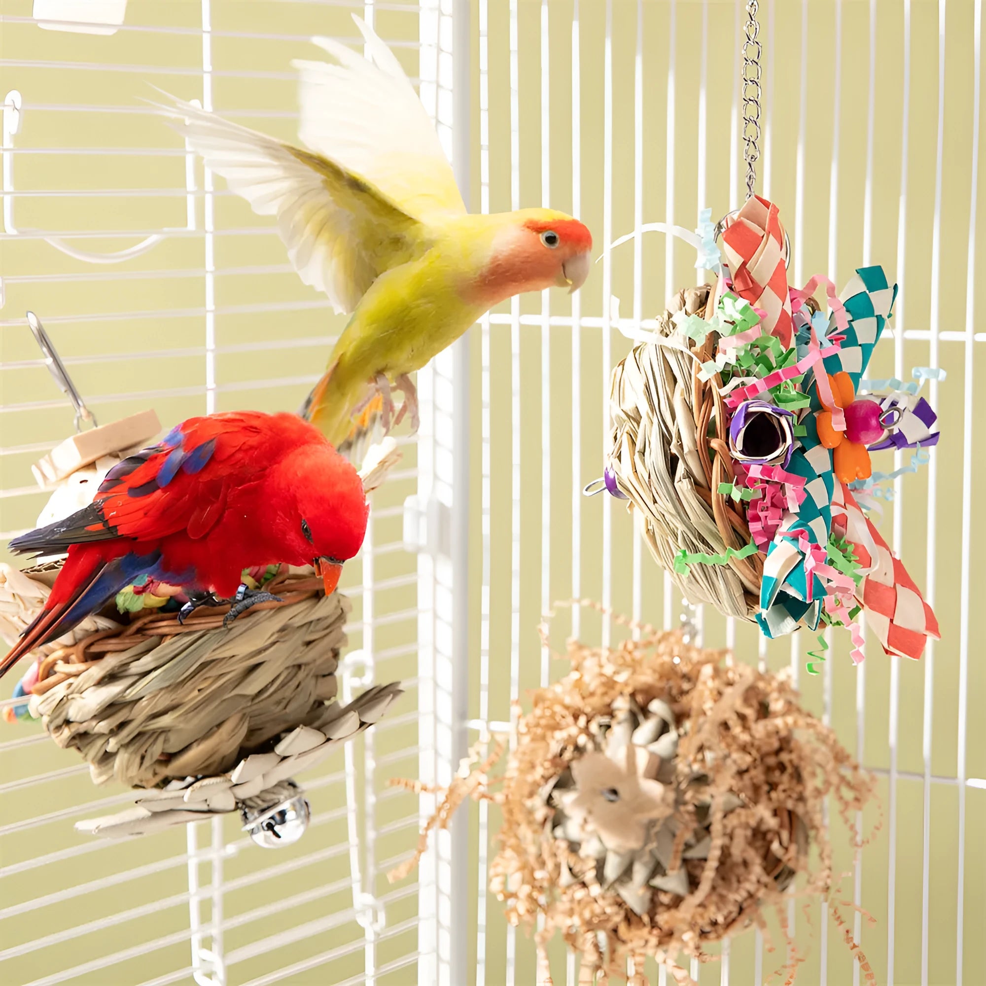 Three parrot gnawing toys of different weights for beak health and cage enrichment