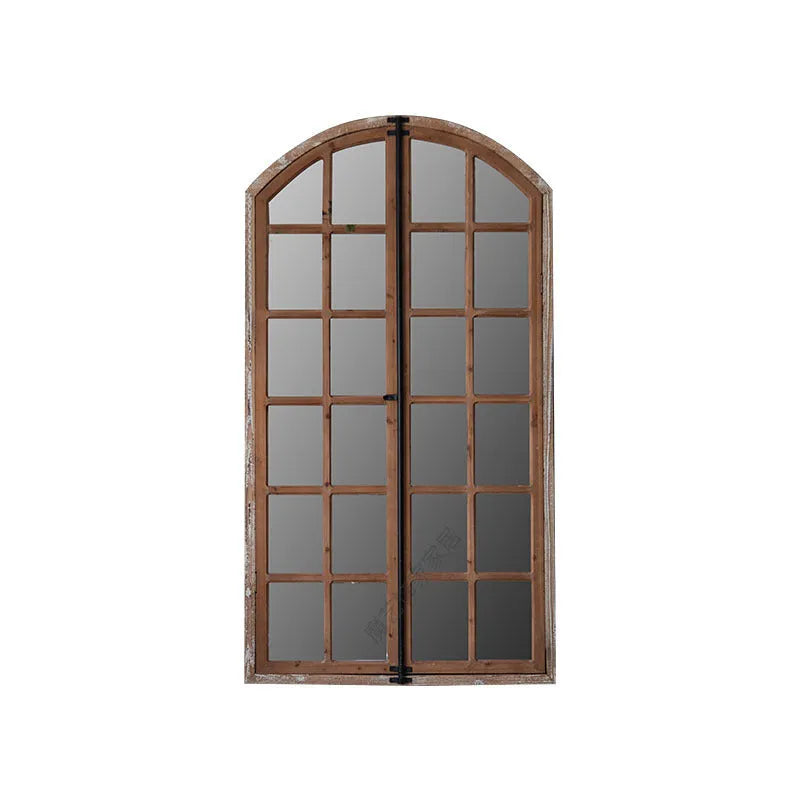 Log colour distressed fake window design wall mirror with wooden glass frame