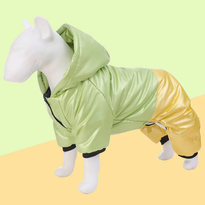 Green waterproof cotton-padded dog coat with four-legged coverage on a large dog.