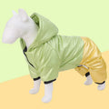Green waterproof cotton-padded dog coat with four-legged coverage on a large dog.