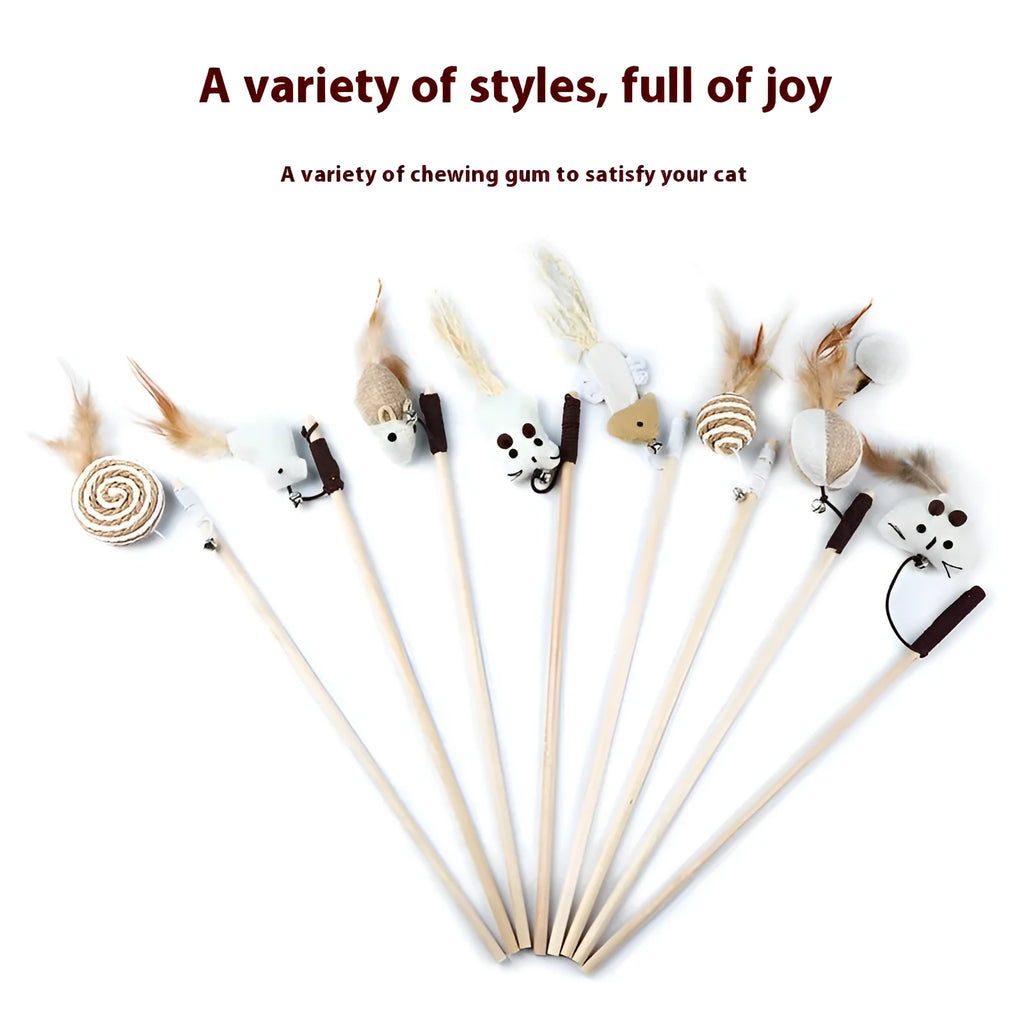 Cat teaser wand toy with wooden pole, cotton string and bell in single-opp style options