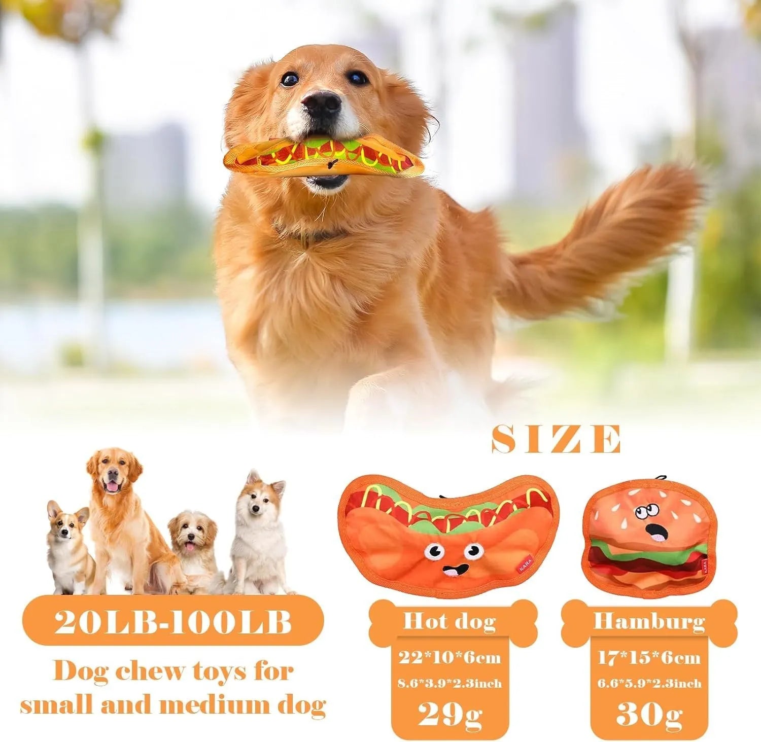 Hamburger-shaped crinkle and squeaky dog toy with vivid colours