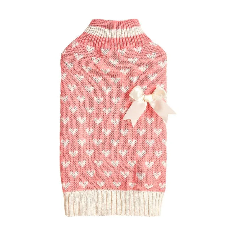 Red love heart pattern dog sweater on small canine model