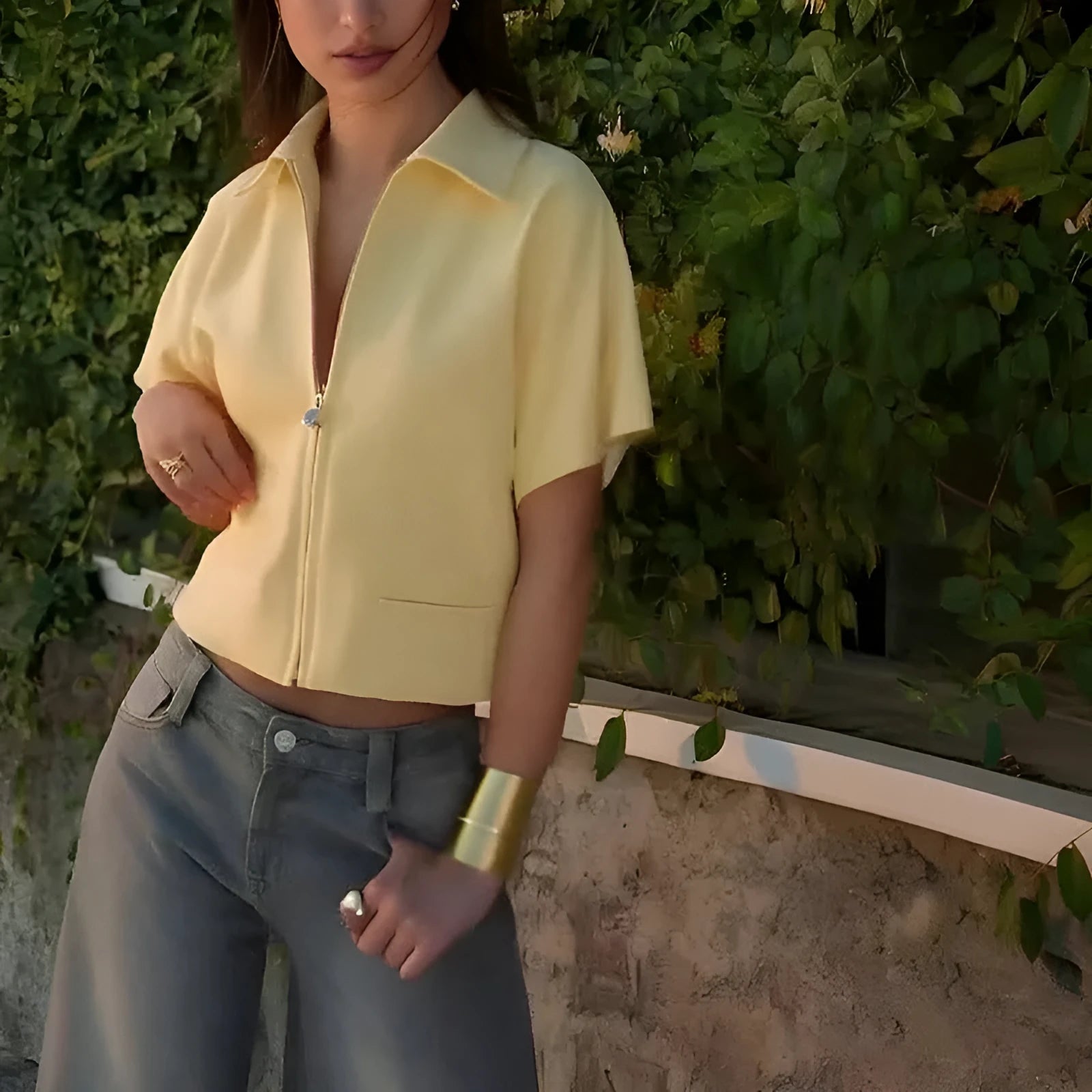 Women's loose fit casual polyester short sleeve top in white, black or yellow