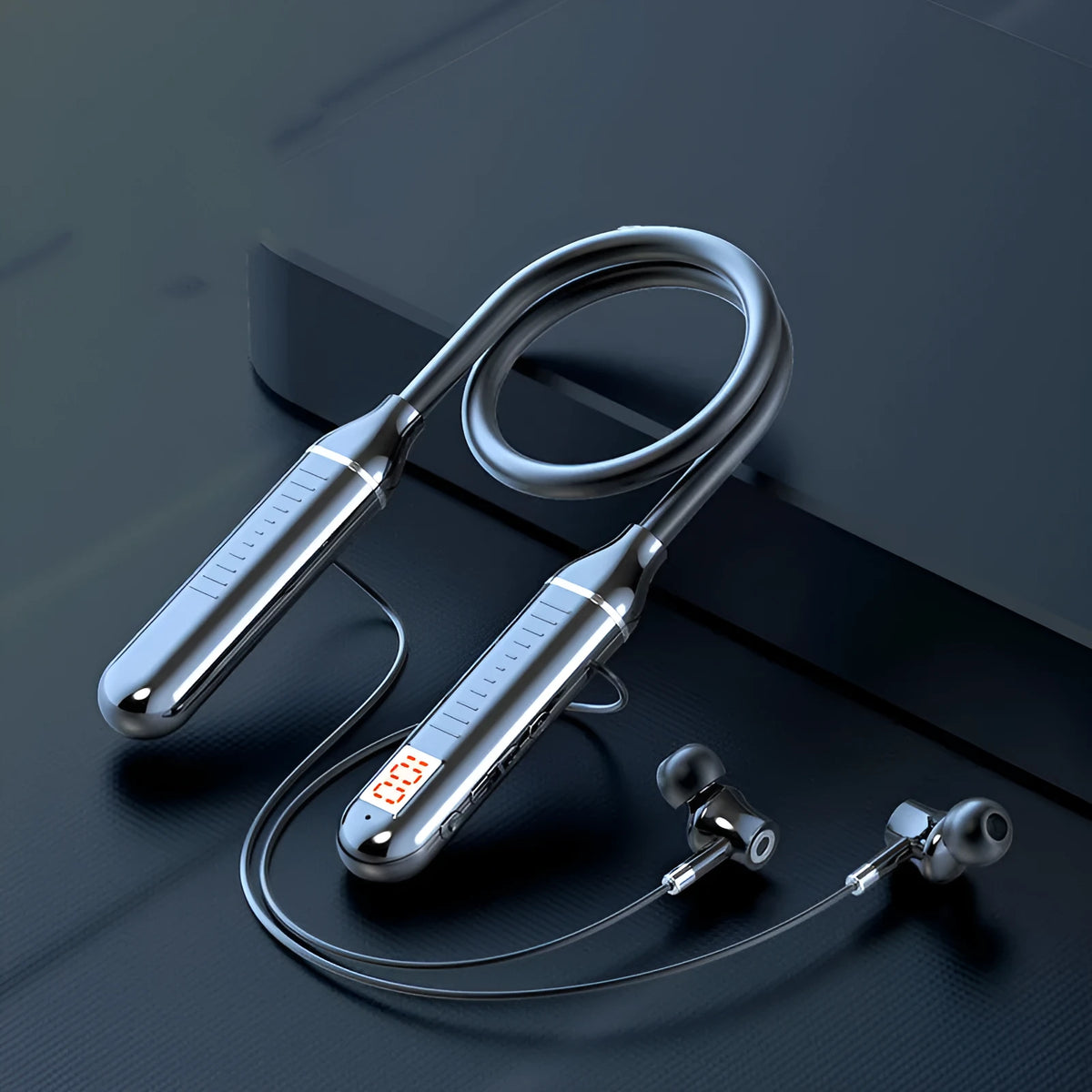 Wireless Bluetooth sports headset with neckband design showing power display and available in four colours