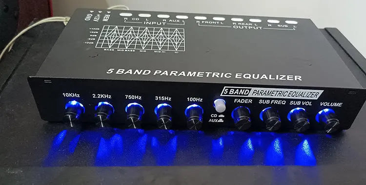 Car audio EQ tuning amplifier with front-panel controls for subwoofer frequency and volume adjustment