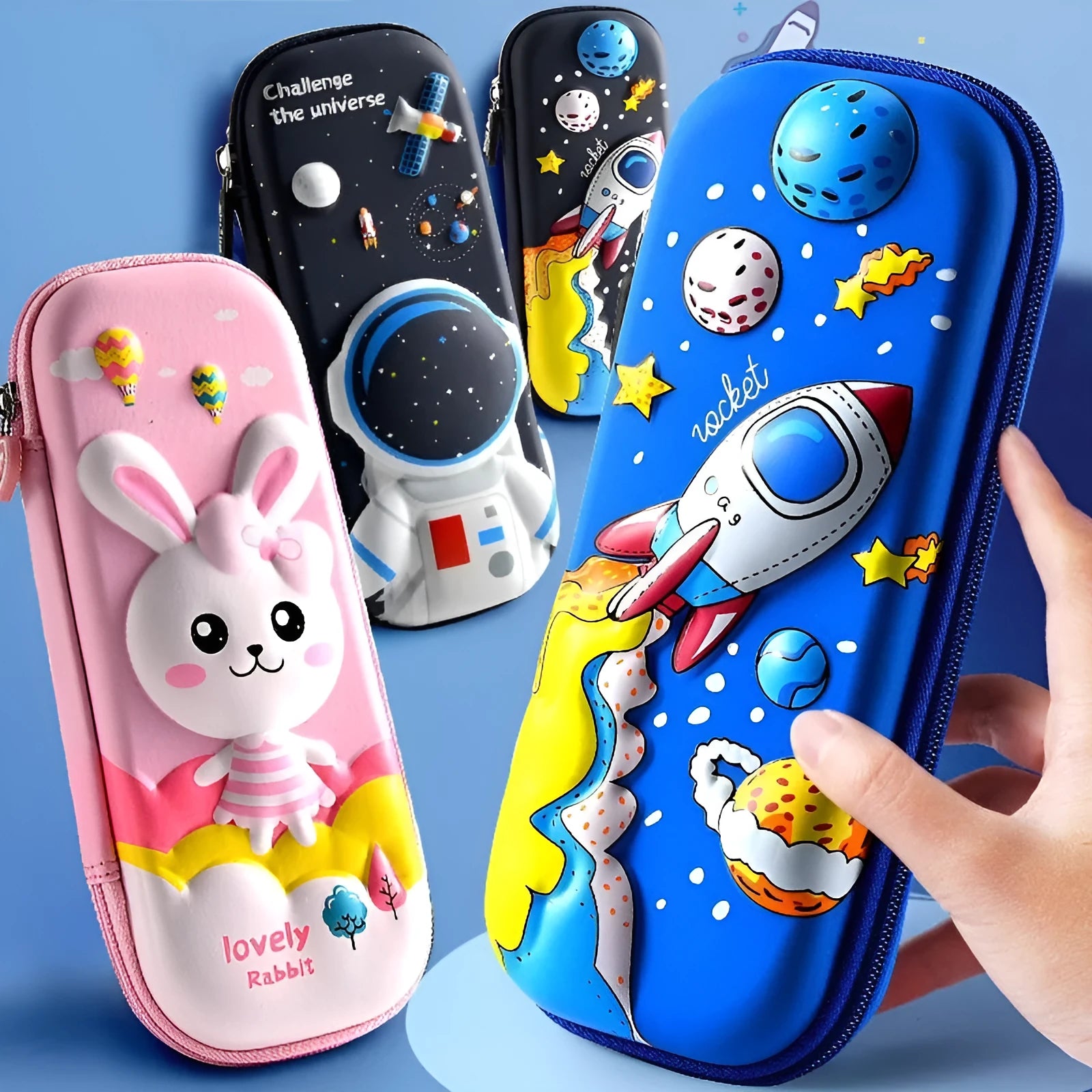 3D leather pencil case showing embossed astronaut and dinosaur design options.