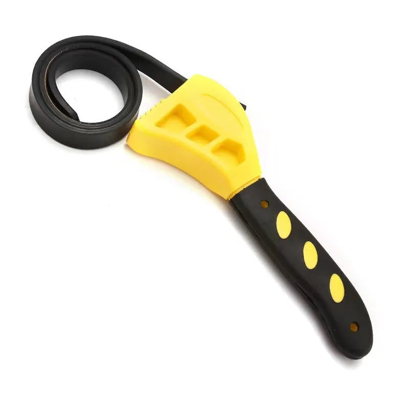 Adjustable rubber strap wrench showing plastic body and rubber strap in 6-inch and 8-inch sizes