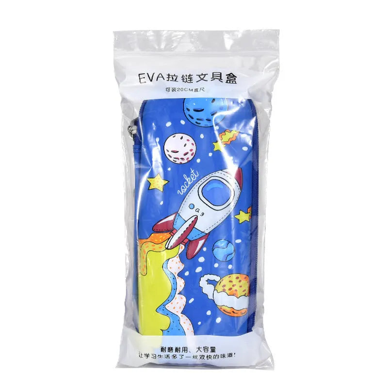 3D leather pencil case showing embossed astronaut and dinosaur design options.