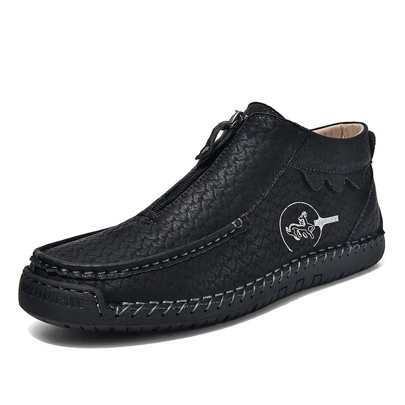 Men's black slip-on leather loafers with round toe and flat rubber sole