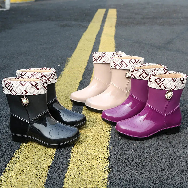 Women's purple PVC rain boots with a middle tube height and textured non-slip sole.
