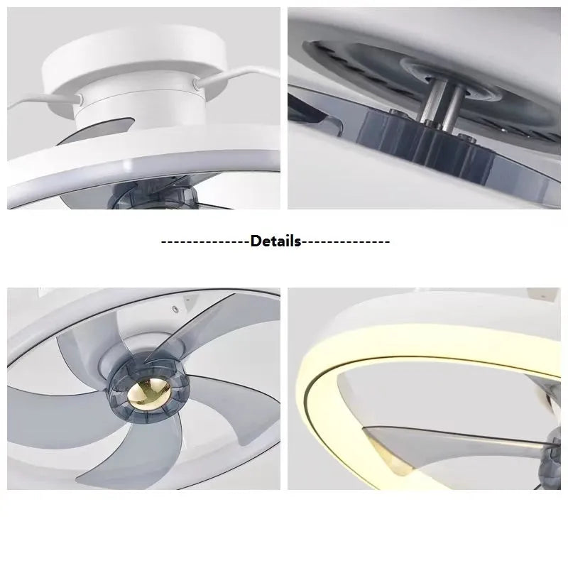Modern ceiling fan with integrated light showing 500mm diameter PC blades and acrylic lampshade in neutral colour