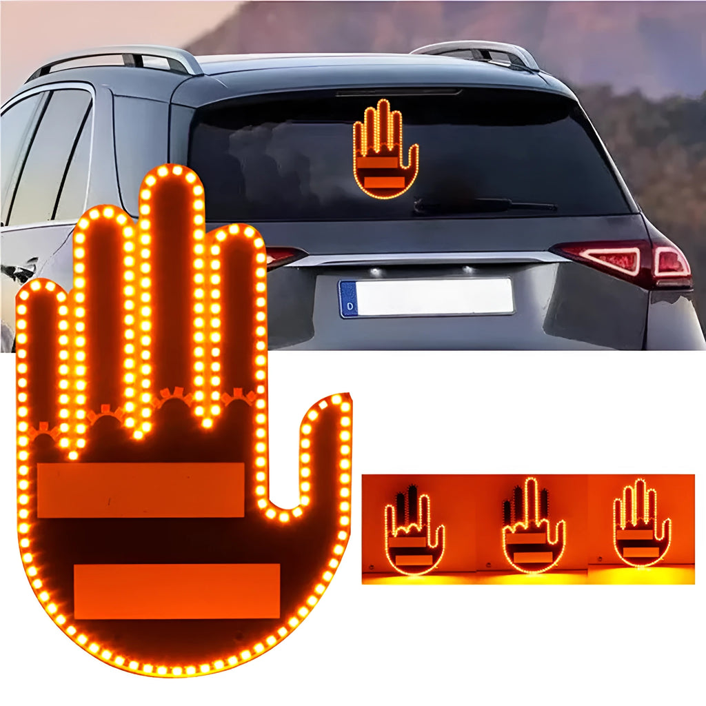 Black plastic LED gesture car light with remote control showing illuminated hand symbol.