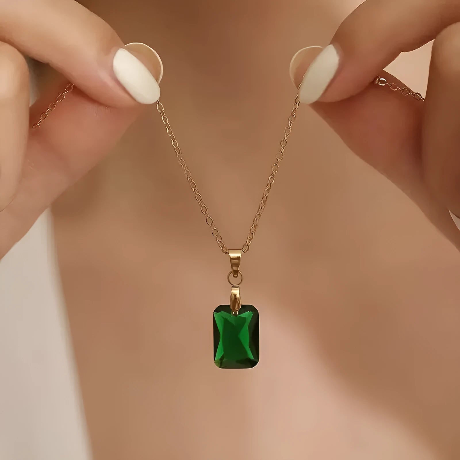 Copper rectangular geometric pendant necklace with O-ring chain in green colour.