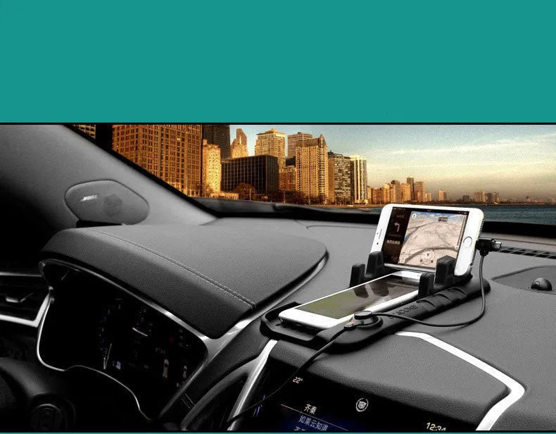 Black silicone car charging bracket mobile phone holder, 11x9.2cm, with magnetic charger and adjustable dashboard pad.
