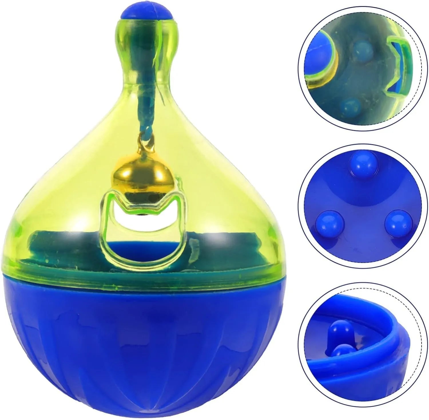 Blue plastic pet treat dispenser tumble ball with treat holes