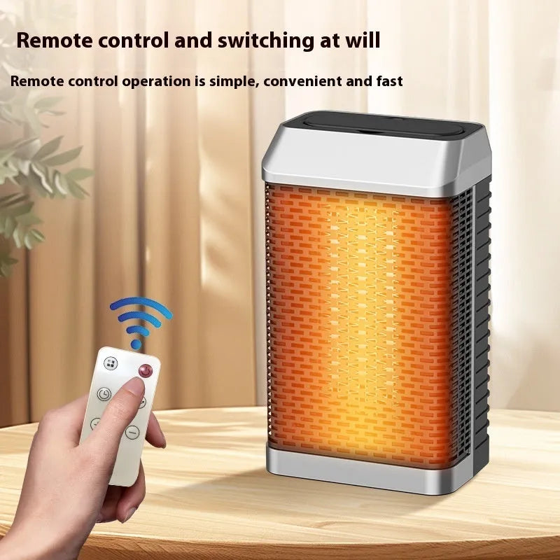 Black remote control desktop warm air blower heater with compact design on wooden surface