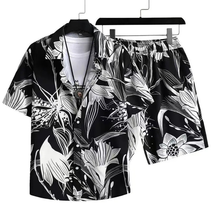 Men's digital print cardigan suit set with short sleeve shirt and elastic shorts in multiple colour options