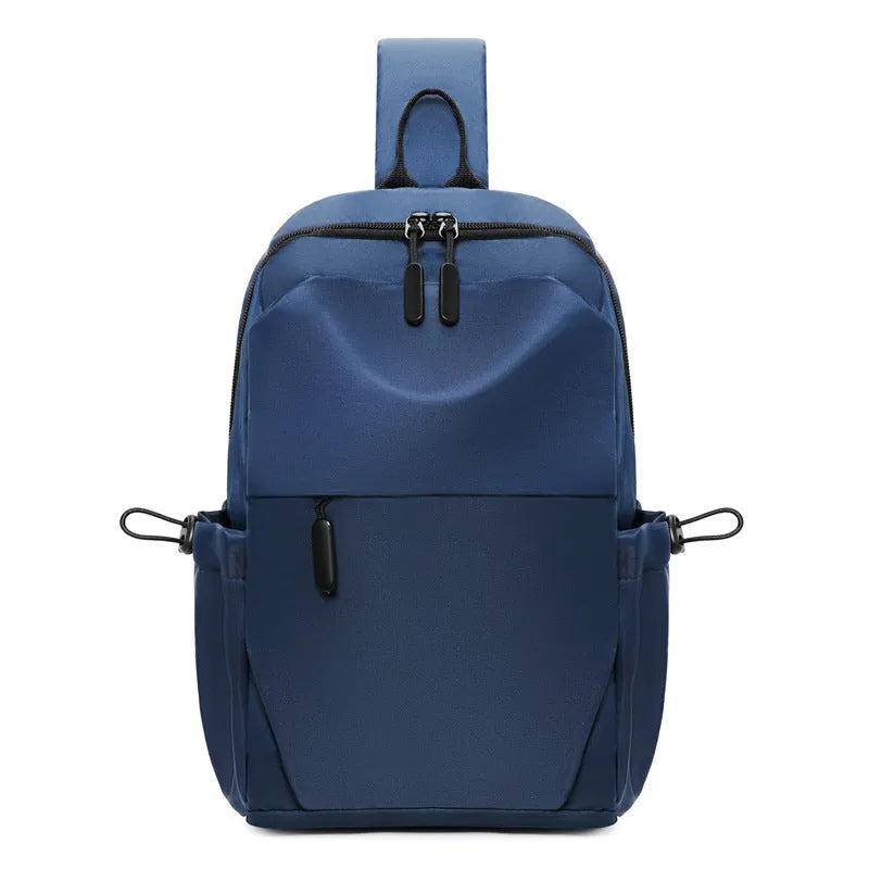 Men's grey lightweight waterproof chest bag with shoulder strap showing front compartment.
