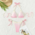 Women's gradient colour separated bikini swimwear set showing rainbow, rose red, light pink and green options