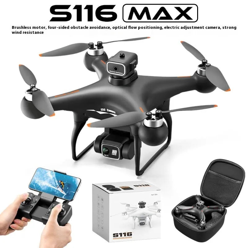 Black plastic UAV drone with four propellers and camera, remote control transmitter beside it