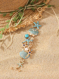 Women's alloy bracelet with marine shell, boat anchor, and starfish design in blue, red, or turquoise.