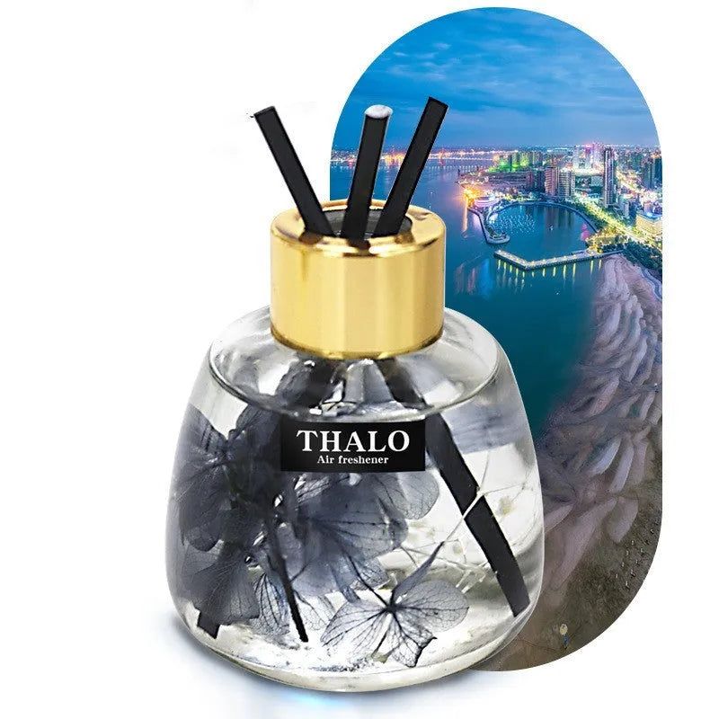 Glass bottle-shaped car perfume ornament with loose incense, shown in various colour options.