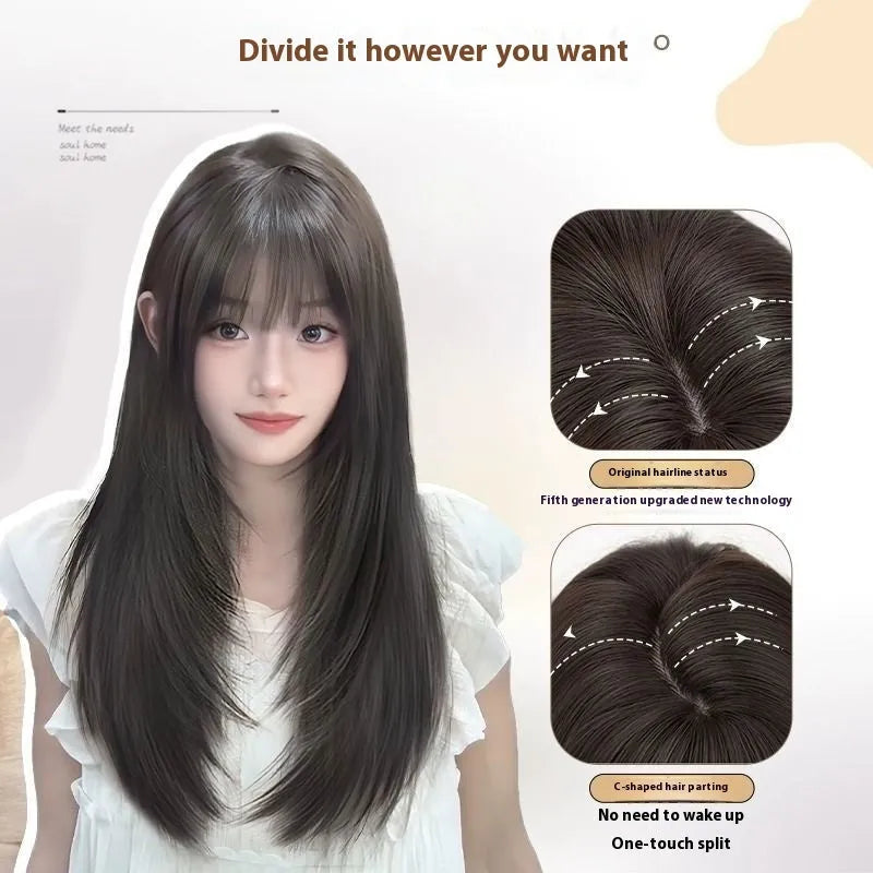 Women's black long straight full-head wig with high-layered styling on display
