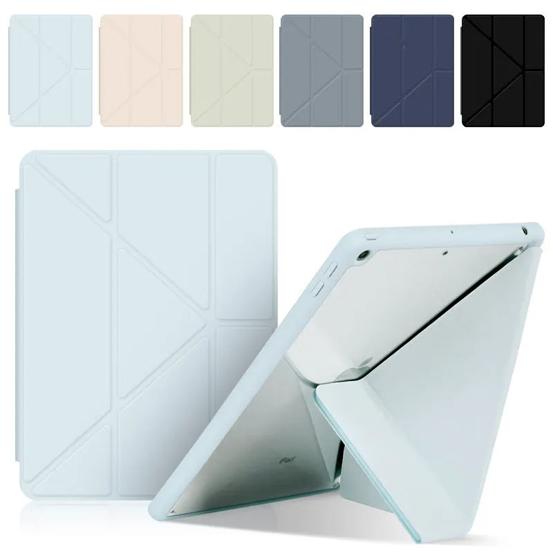 Imitation leather iPad case in grey, folded into a stand position, showing Apple Pencil slot on the side.