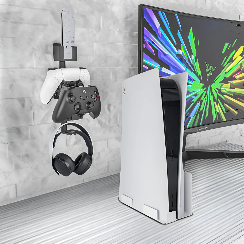 White ABS plastic wall hook holding a PS5 controller and headphones