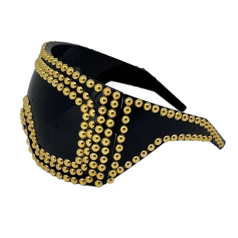 Men's punk sunglasses with super large square rim and rivet details in silver colour