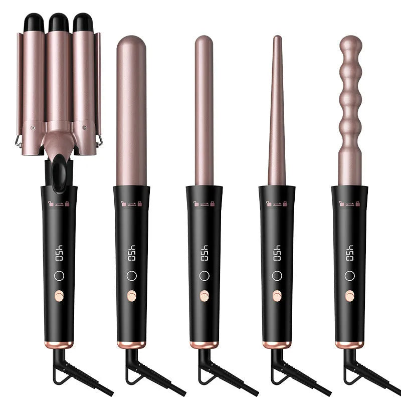 Rose gold multifunction hair curler with five tube attachments and LCD display screen