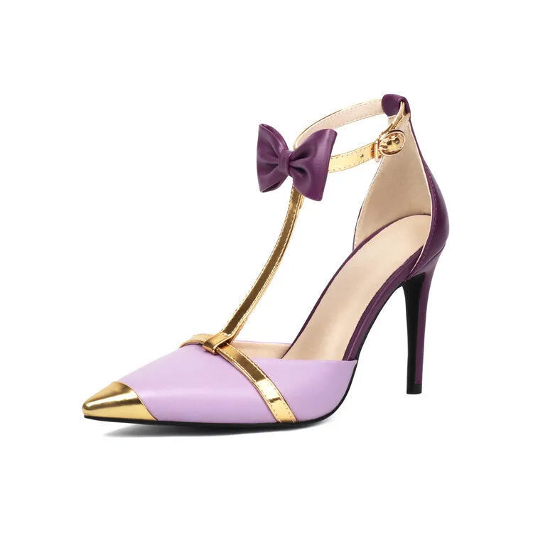 Purple and white plus size women's closed toe high heel sandals with a buckle strap on a rubber sole.