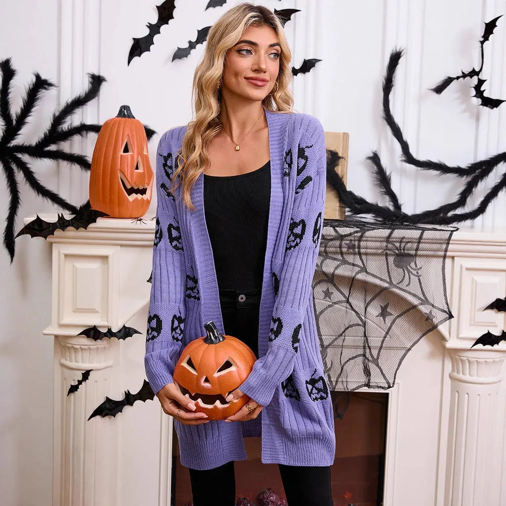 Women's black Halloween cardigan with pumpkin head jacquard pattern, medium length acrylic knit