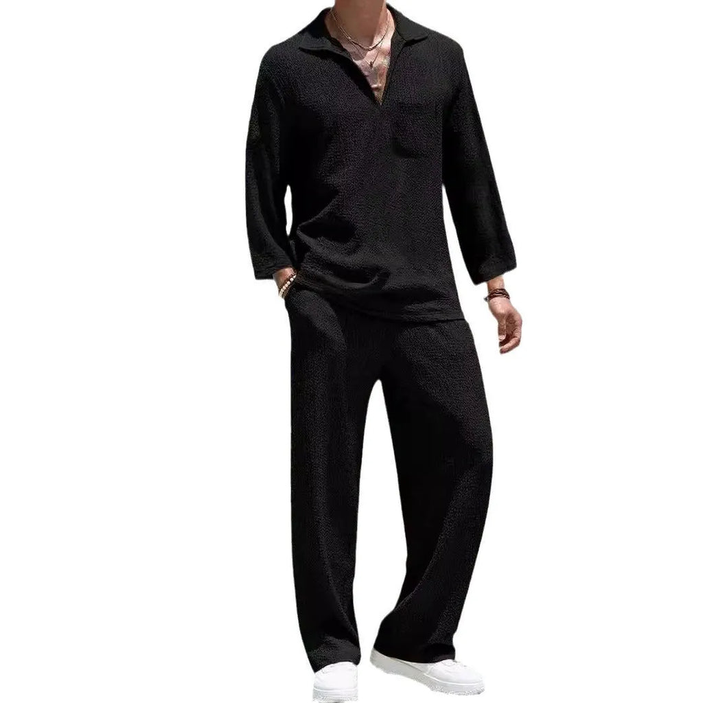 Men's casual shirt and trousers suit in lake blue, khaki, black, or caramel colour.