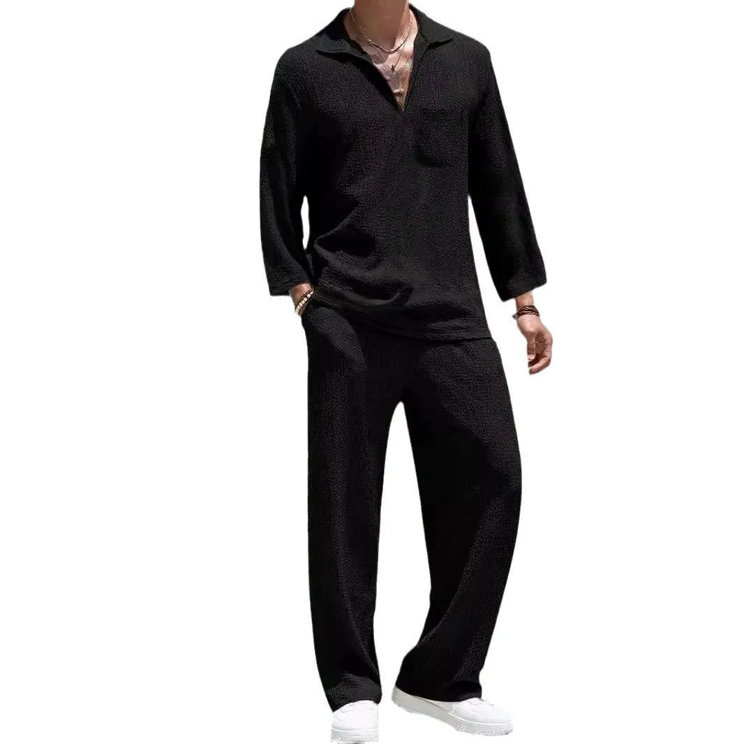 Men's casual shirt and trousers suit in lake blue, khaki, black, or caramel colour.