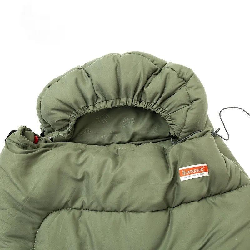 Cotton camping sleeping bag in ochre colour showing quilt-style construction and portable design