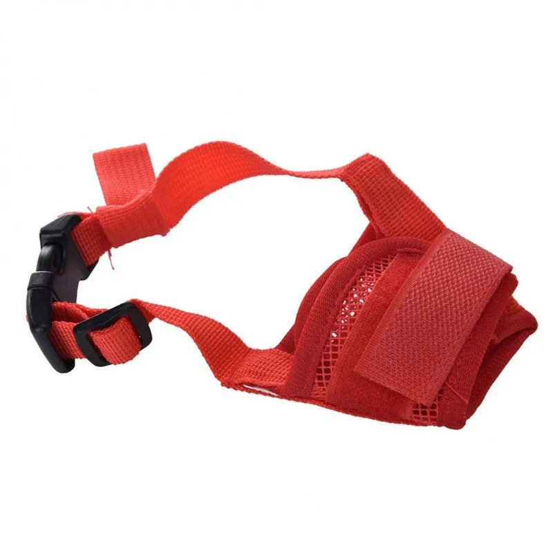 Adjustable plastic dog muzzle shown in multiple colours on a size chart from S to XXL.