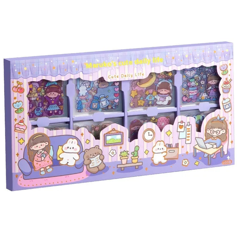 Children's goo card sticker book showing five themed collections: cute meatballs, peach tea party, star team, sweet diary, and happy everyday designs