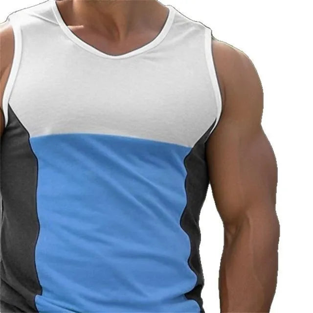 Men's blue contrast colour sports vest with cotton blend fabric for summer fitness