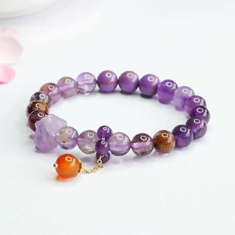 Natural purple amethyst and red agate crystal bracelet in Mori style design