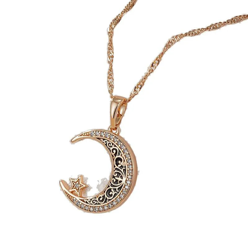 Rose gold star and moon necklace with zircon and enamel pendant on water wave chain