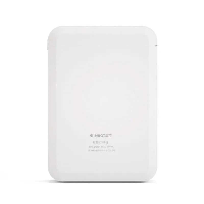 D110 white label printer with Bluetooth, 203 dpi thermal printing, 12mm width, 108x76x30mm