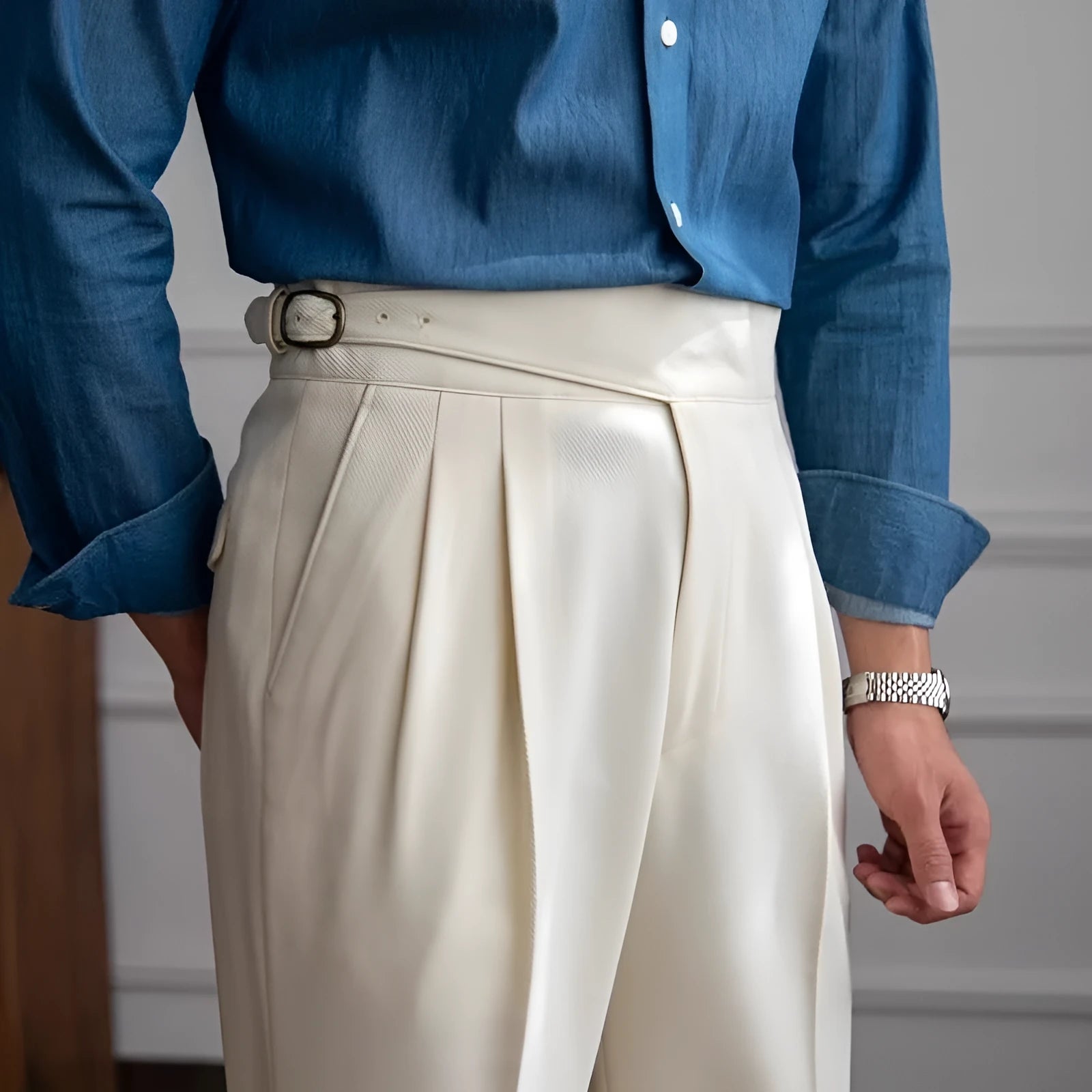 Men's high waist straight leg casual trousers in black polyester fabric on a hanger.