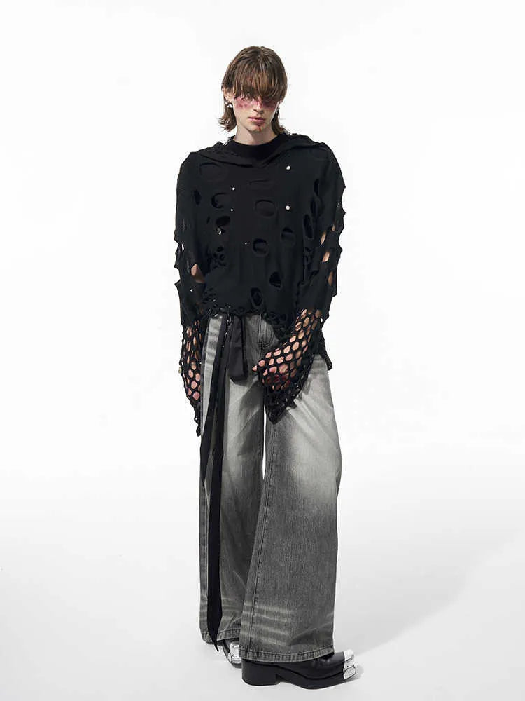 Black men's hoodie with pearl decorative elements and loose thin fabric construction