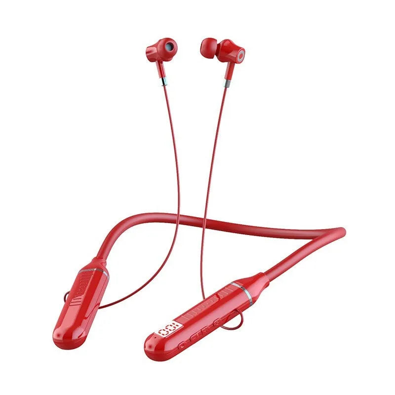 Wireless Bluetooth sports headset with neckband design showing power display and available in four colours