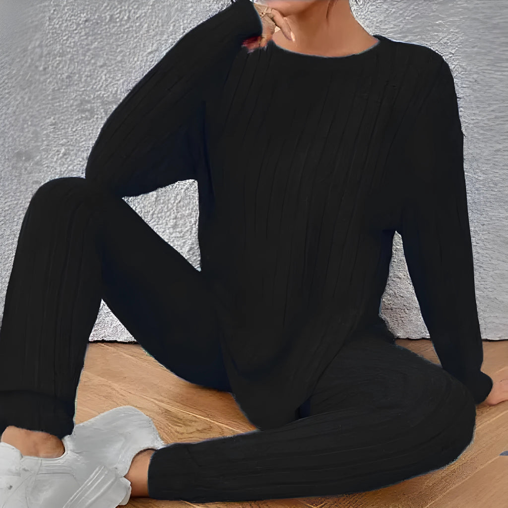 Women's black sunken stripe two-piece lounge set with top and trousers